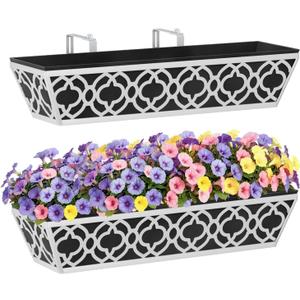 HFHOME 2 Pack 24 Inch Railing Planter Boxes with Adjustable Brackets & Non-Woven Fabric Liner Adjustable Gray Metal Window Box Planter for Balcony Deck Fence, Hanging Flower Basket for Outdoor Garden