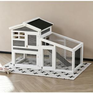 GarveeLife Rabbit Cage, Outdoor Weatherproof Bunny House Wooden, Indoor Bunny Cage with Run, Rabbit Hutch with Removable Tray, Grid Fences, Ramp 53.15" L x 23.62W 37.8" H Gray