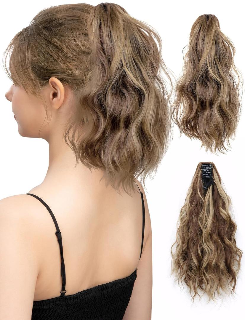 Ponytail Extension Short Ponytail Claw Clip Natural Fluffy Curly Drawstring Ponytail Hairpiece Messy Bun Hair Piece for Women and Girls Brown Blonde