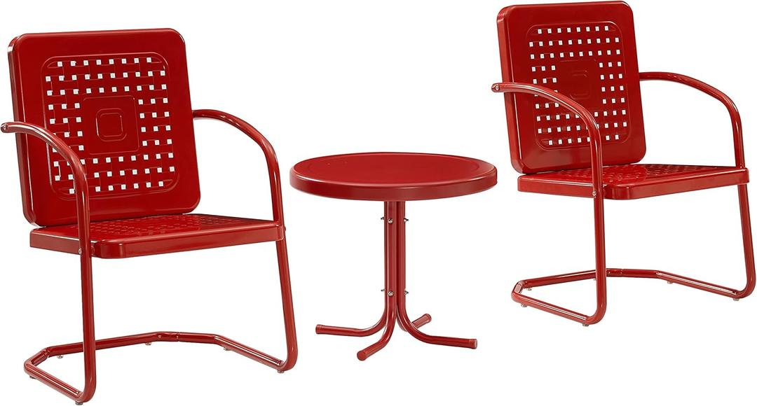 Crosley Furniture Bates 3-Piece Outdoor Chair and Side Table Set, Retro Metal Bistro Patio Conversation Sets, Bright Red Gloss