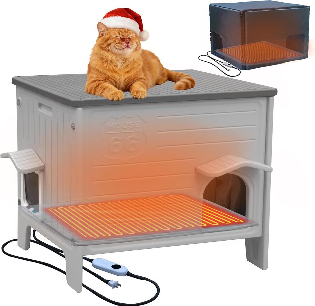 Heated Cat House for Outside with Insulated Liner,Outdoor Cat House Weatherproof,Plastic,Easy to Assemble Easy to Clean, 22"D x 28"W x 26"H