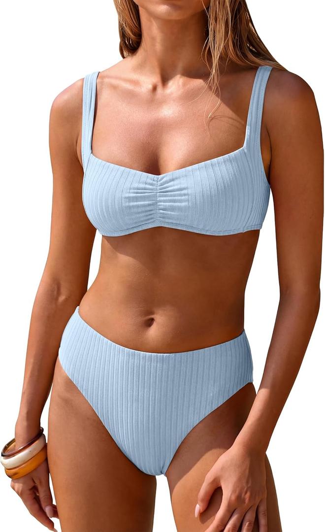 ANRABESS Womens Bikini Sets Two Piece Swimsuit Ribbed Front Ruched Mid Waisted Bathing Suit Color Block 2026 Beach Swimwear (Large, Sky Blue)