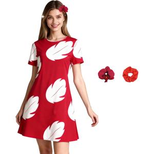 Lilo Costume Dress Women's Halloween Red Leaf Printed Hawaiian Dress with Flower Headpiece (X-Large)