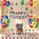 Mario Birthday Party Supplies, Super Bros Party Decorations Set Include Banner, Hanging Swirls, Cake Topper, Balloons, Cake Cupcake Toppers for Boys and Girls Theme Party