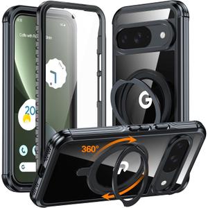 GUSTAVE Magnetic Stand for Google Pixel 9 Case [Fit for MagSafe] [360Rotatable Stand] [Built-in Tempered Glass Screen Protector] Full-Body Shockproof Military-Grade Protective Case Black