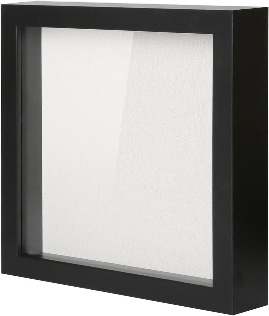 Muzilife 8x8 Shadow Box Picture Frame with Linen Board - Deep Wood & Glass Display Case Ready to Hang Memory Box Baby Sports Memorabilia, Pins, Awards, Medals, Wedding, Tickets and Photos (Black)