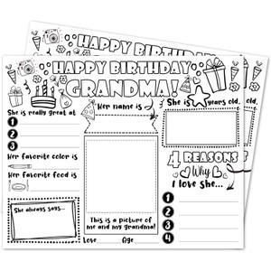 8" X 10" Grandma Birthday Coloring Page, 5 Pcs Happy Birthday Grandma Graffiti Card, Personalized Fill in Blanks Interview Q&A Keepsake, Grandma's Birthday Activity Favors and Supplies