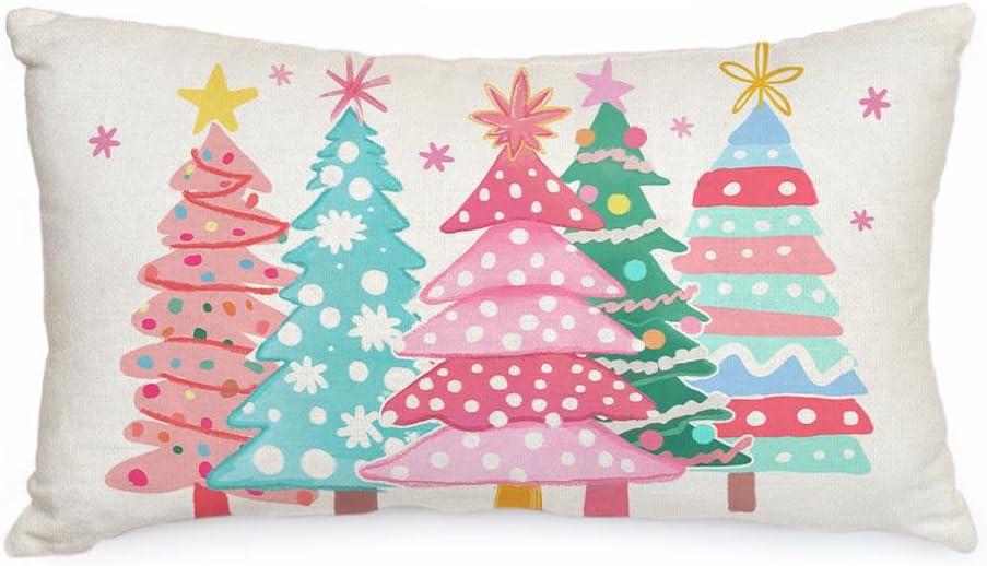 AACORS Christmas Pillow Cover 12X20 Inch Watercolor Christmas Tree Stars Decoration Holiday Farmhouse Winter Pillow Case for Sofa Couch DecorPink AA615-12