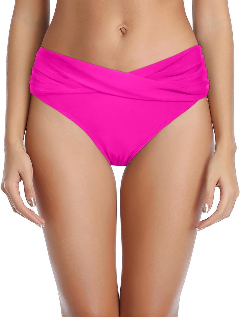 Tempt Me Women Twist Bikini Bottom Moderate High Cut Bathing Suit Bottoms Ruched Swimsuit Bottom (Small, Pink)