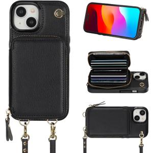Bocasal Crossbody Wallet Case for iPhone 15, RFID Blocking Leather Purse Case with Card Holder, Protective Handbag Flip Cover with Zipper Wrist Strap Lanyard for Women 5G 6.1 Inch (Black)