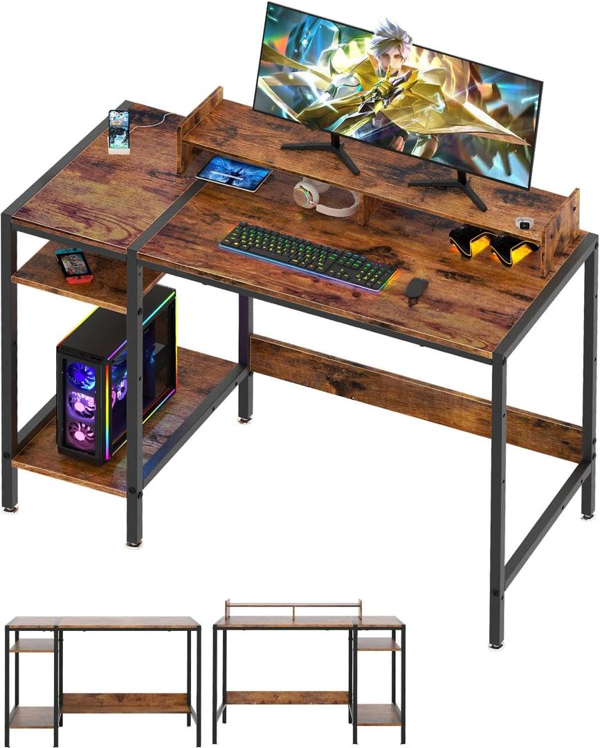 Computer Desk - 39 Gaming Desk, Home Office Table with Storage, Small Desk with Monitor Stand, Adjustable Storage Space, Modern Design Corner Table. (Rustic)
