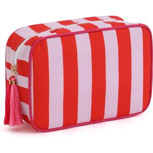 Makeup Bag Travel Cosmetic Bag Organizer Tassel Toiletry Bag Large Canvas Zipper Pouch Mahjong Tile Bag (Red& Pink)