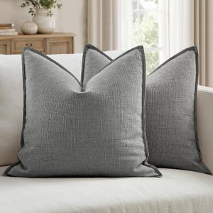 Pack of 2 Thick Textured Couch Throw Pillow Covers, Grey Decorative Pillow Covers 20x20, Neutral Linen Cushion Cases for Sofa Bed Living Room Modern Farmhouse Home Decor, No Filling