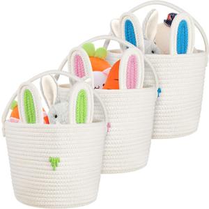 Easter Baskets for Kids Empty 3-piece Set with Handle, Easter Egg Hunt Basket & Candy Storage Tote, 12 x 9 Inch, Reusable Bunny Basket for Kids, Woven Cotton Rope Baskets for Toddlers,gifting