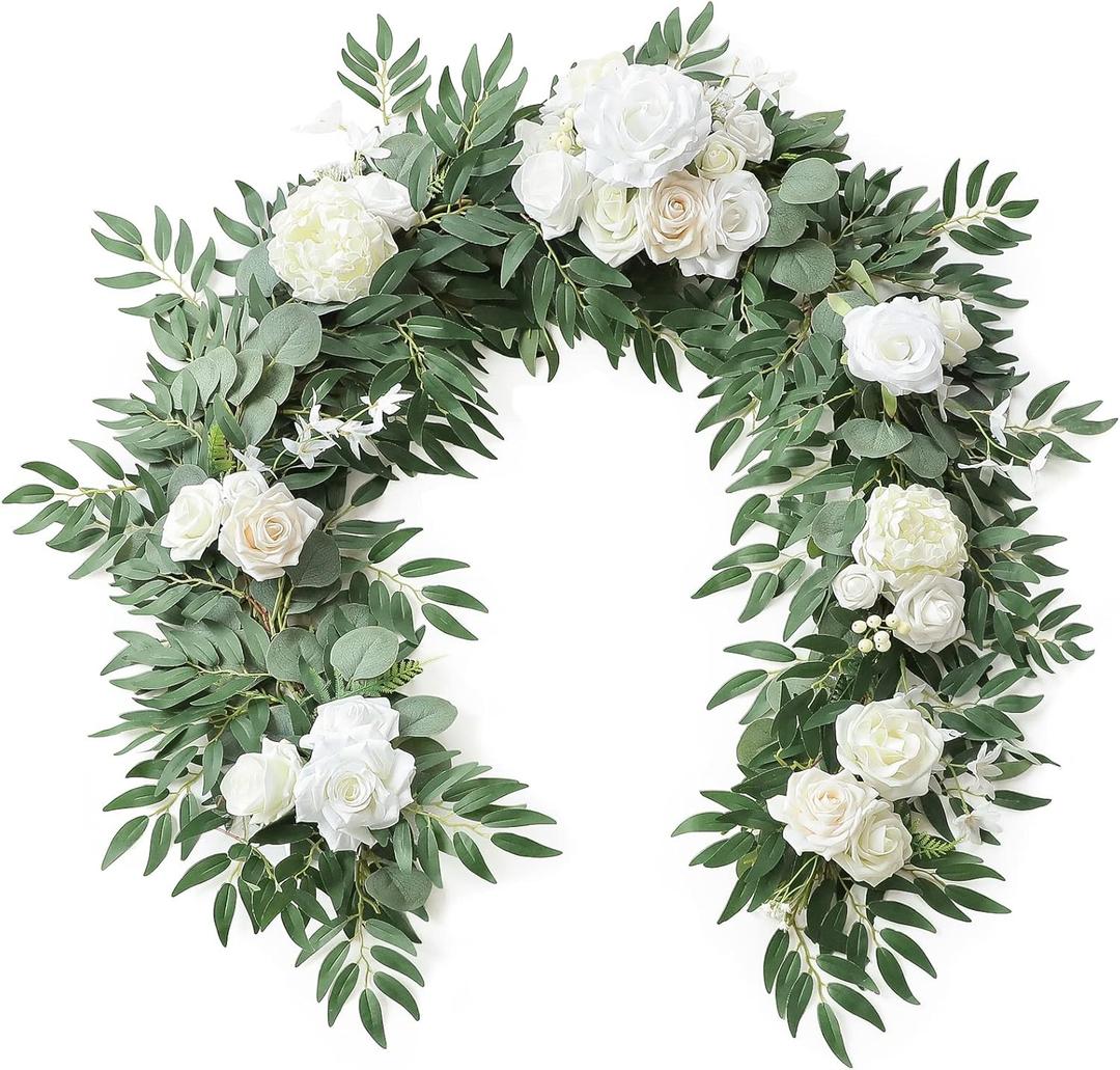 Floroom 6ft Artificial Eucalyptus Garland with Flowers Fake Greenery Faux Floral Vine Garland for Table Decor Wedding Centerpieces Bridal Shower Party Decorations, Ivory White