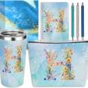 Personalized Gifts Monogrammed Birthday Gifts for Women, Bridesmaid Bachelorette Party Christmas Initial 20 oz Tumbler, Makeup Bag Cup Ballpoint Pens Journal Notebook 6 Set, (Aesthetic Blue Flower H)