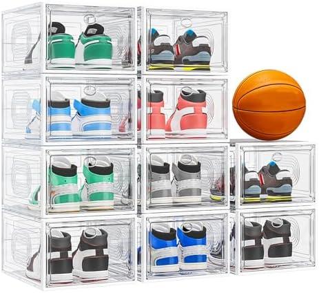 caktraie 10 Pack Thicken Shoe Organizer Stackable,Upgraded Sturdy Shoe Storage Box with Magnetic Door,Shoe Containers For Sneaker Display,Hat Organizer,White 