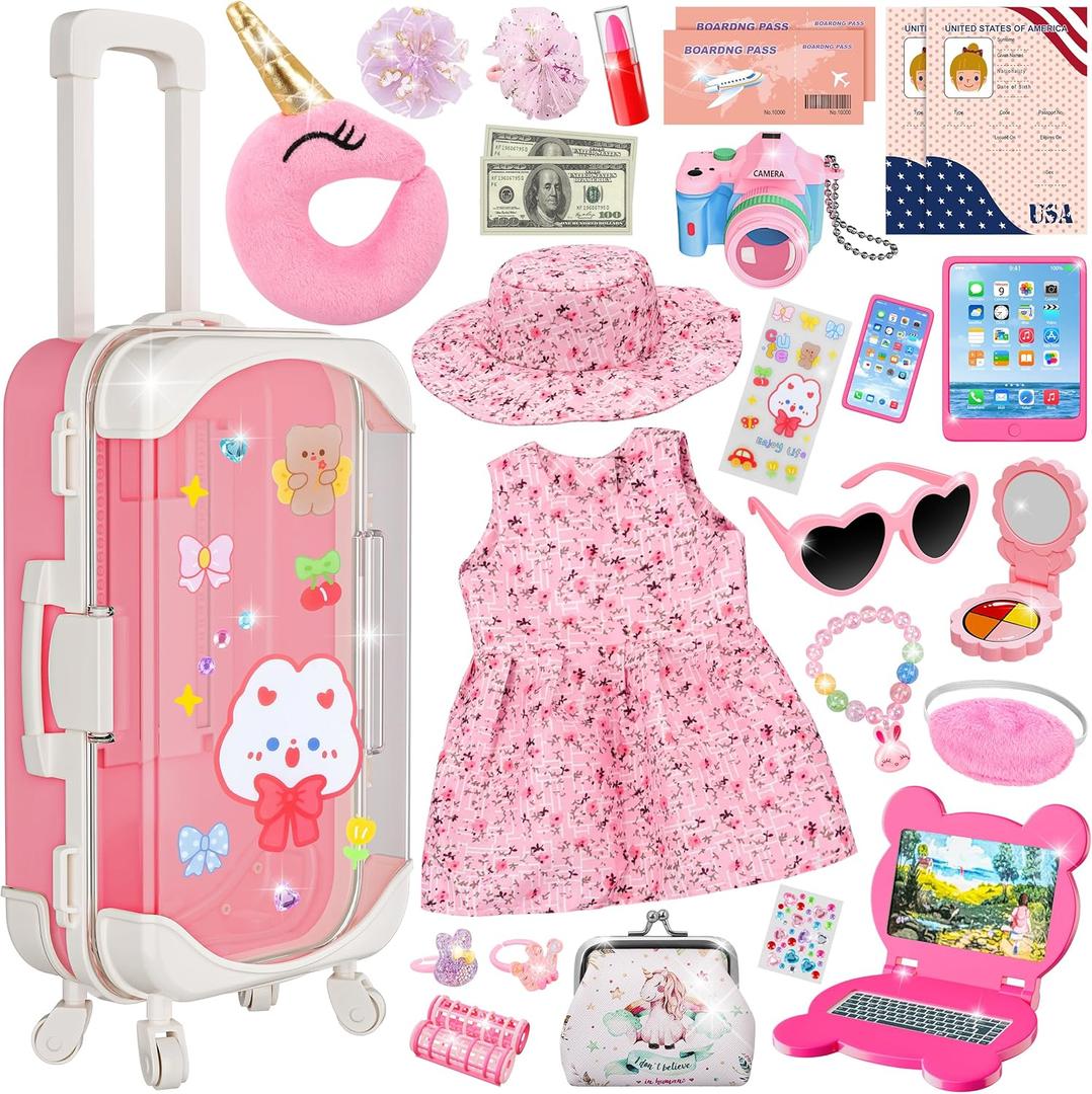 Doll Suitcase Travel Sets, 18 inch Doll Clothes and Accessories - 28 Pcs Travel Pillow, Unicorn Bag, Sunglasses, Camera, Computer, Phone, Passport, Birthday Gifts for Age 3 4 5 6 7 Year Old Girls