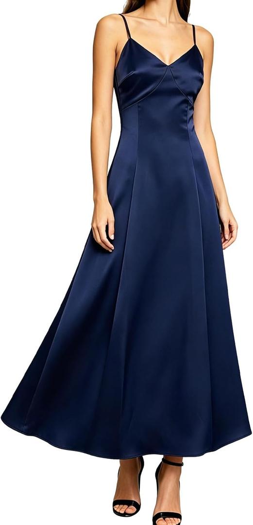RIHOAS Women's Elegant Flowy Spaghetti Strap Dress - A Line Satin Maxi for Fall Wedding Guest, Formal Semi Formal (Blue, S)