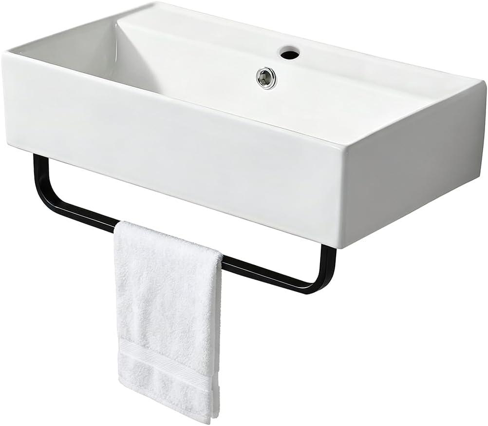 Wall Mounted Ceramic Vessel Sink White with Towel Rack and Overflow, Modern Above Counter Bathroom Vanity Sink Large Rectangular Porcelain Art Wash Basin for Rvs, Restroom, 21.8 inches x 12.4 inches x 5.3 inches