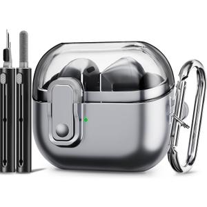 with Safety Lock for Galaxy Buds Pro 3 Case/Galaxy Buds 3 Case with Cleaner Kit for Men Women, Anti-Yellowing Clear Top Cover and Metal Spray Paint Lower Cover for Samsung Buds Pro 3- Black (Metallic Silver Gray)