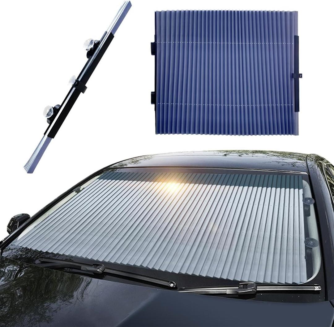 Car Retractable Windshield Sun Shade, 25.6"60" Large Sunshade Protector Blocks 99% UV Rays, Auto Retractable Front Windshield Sunshade for Trucks, SUVs, Car Accessories