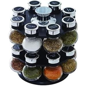 Kamenstein 16 Jar Ellington Revolving Countertop Spice Rack with Lift & Pour Caps and Spices Included, FREE Spice Refills for 5 Years: Black and Chrome