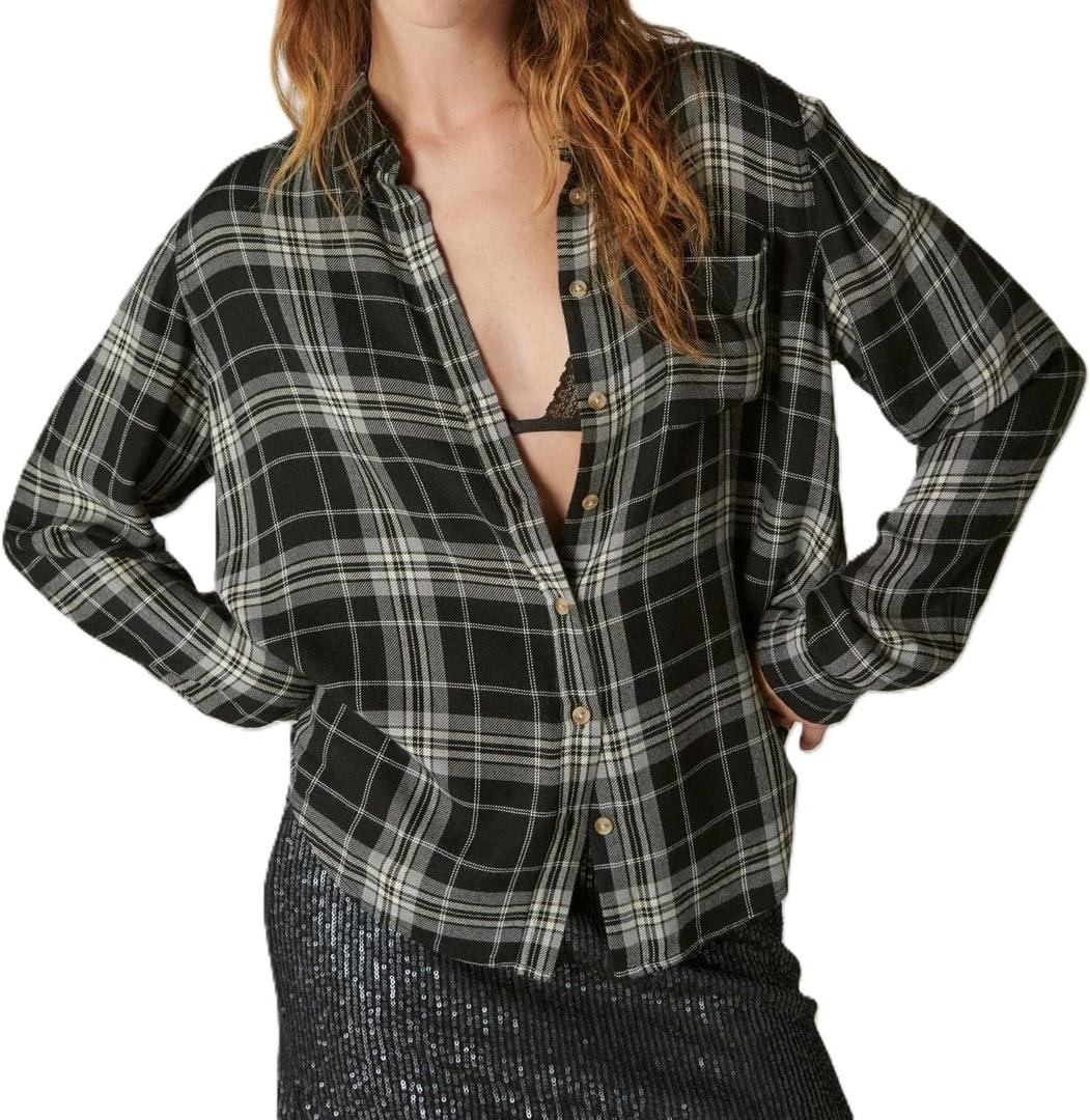 Lucky Brand Women's Cloud Plaid Boyfriend Flannel Shirt (X-Large, Black Plaid)