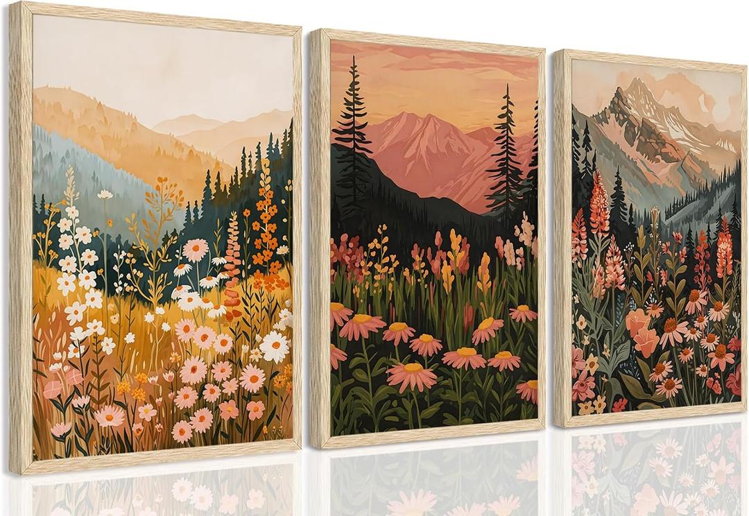 YUFEIART 3 Piece Boho Mountain Landscape Framed Wall Art Set of 3 16x20
Oak Wood Framed Wall Decor, Colorful Wildflower Mountain Prints, Boho Landscape Art for Living Room Bedroom or Office