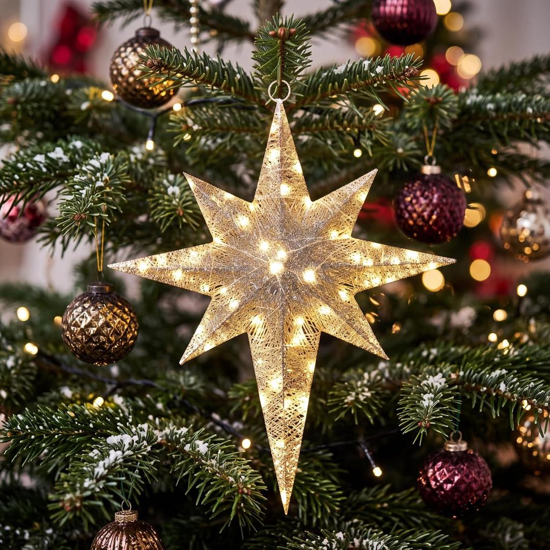 1 Pcs 24 Inch Christmas Glitter Bethlehem Star Large LED Outdoor Xmas Lights Powered Hanging Outdoor Lighted Christmas Star for Yard Porch Festival Xmas Holiday Nativity Wedding (White)