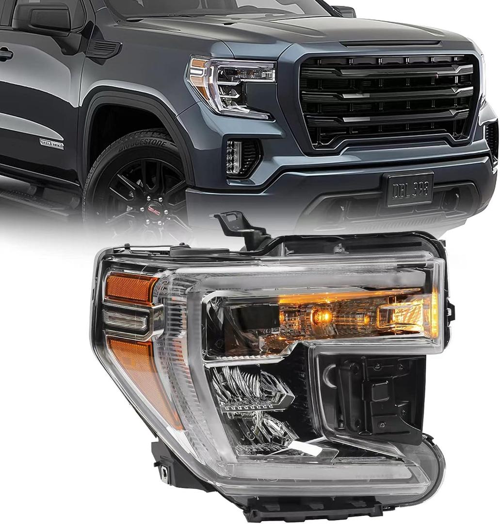 FIONE - For GMC Sierra 1500 Headlight Assembly 2019 2020 2021 Replacement LED Type with halogen turn signal light Chrome Interior Headlamps (Passenger) 84772474 GM2503495