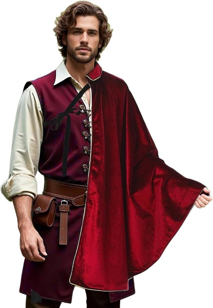 Medieval Shoulder Cape Renaissance Velvet Cloak Vintage Costume Viking Capelet for Halloween Ren Faire Cosplay (Red)