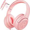 Kids Headphones with Microphone Foldable Stereo Tangle-Free 3.5mm Jack Wired Cord On-Ear Headset for Children/Teens/Boys/Girls/Smartphones/School/Kindle/Airplane Travel/Plane/Tablet (Pink)