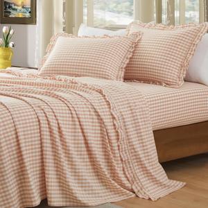 KKJIAF 4 Pieces Plaid Ruffle Full Size Bed Sheets, Cotton Gingham Full Size Sheet Set Linen Feel Comfy Breathable Ruffed Bed Sheet Set with 16 Inch Deep Pocket, Light Pink