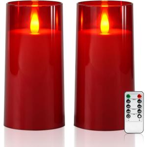 Raycare Flameless Electronic Pillar Candles with Remote Control and Timer- Battery Operated Realistic Flickering LED Fake Candle for Home, Wedding, Valentine's Day Decor, Red,Set of 2(3"x6"6")
