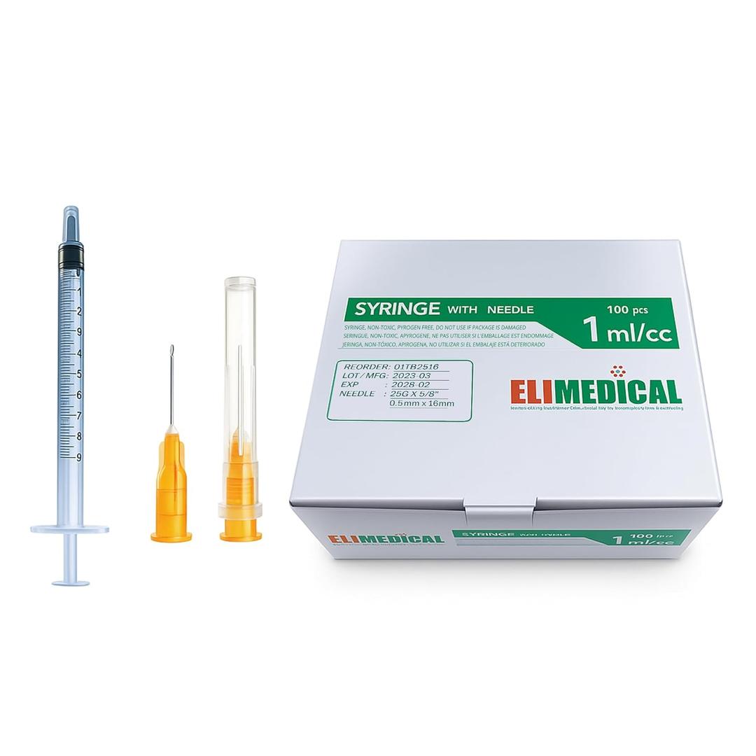 Elimedical Veterinary Syringe Luer Slip 1cc (1ml) TB, 25G x 5/8 inch (16mm), Individually Sealed, 100 per Box, 01TB2516