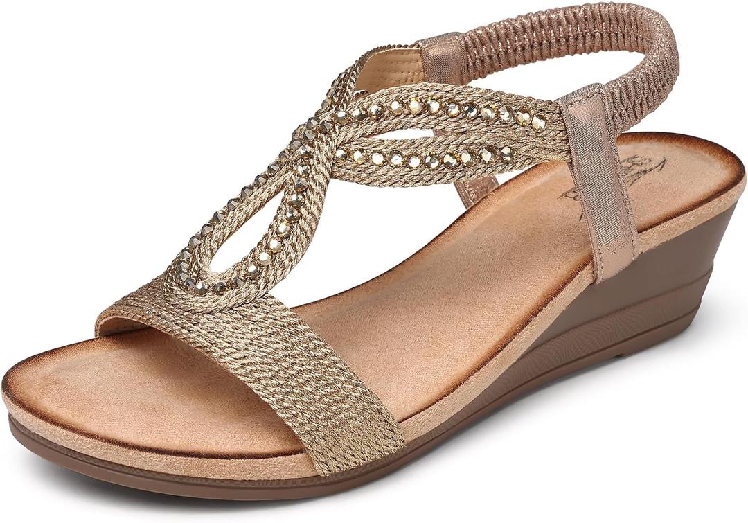 SHIBEVER Wedge Sandals for Women Dressy: Summer Low Wedges Comfortable Open Toe Sandals 10, 38 Champagne