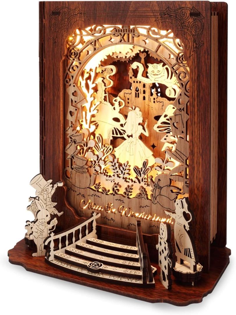 FUNPOLA Alice in Wonderland 3D Puzzle Nightlight  DIY 3D LED Book Lamp  3D Wood Puzzles Dcor Lamp for Kids and Adults