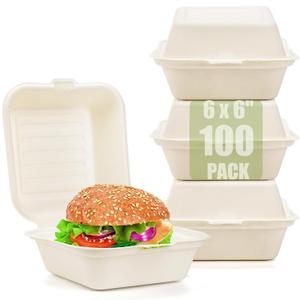 Peohud 100 Pack Compostable Clamshell Take Out Food Containers, 6 x 6 Inches Disposable To-Go Food Containers, Bagasse Bento Cake Box for Hamburger Sandwiches Chips