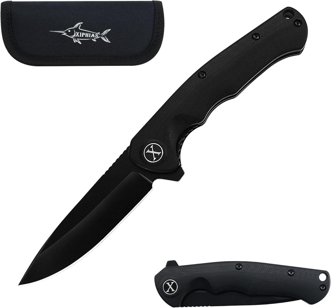 XIPHIAS Flipper Pocket Knife - 3.5" D2 Steel Blade, G10 Handle, EDC Folding Knife for Camping/Hiking | Compact Design & Pocket Clip | XBJ2207-1 (Black)