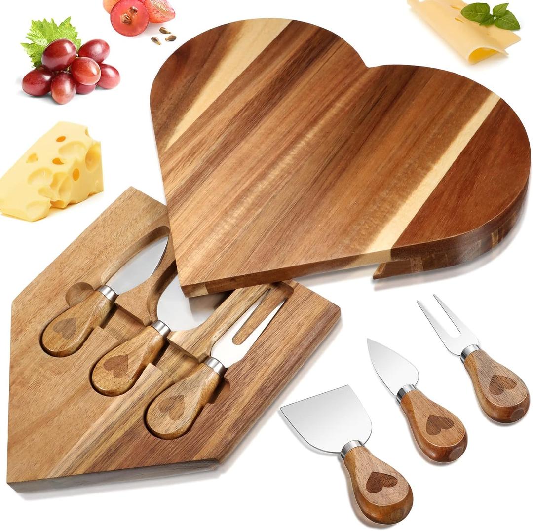 Charcuterie Boards Heart Shaped Cheese Board and Knife Set, Mothers Day Acacia Wood Cheese Platter Small Cheese Servers Home Wedding Gifts