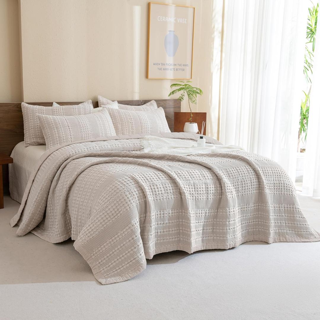 Sanracie Oversized King Quilt (120"x120"), Cotton Oatmeal Colored Waffle Weave Quilted Bedding Set Super Large Soft Bedspread 3Pcs Luxury Aesthetic Coverlet Set for All Season