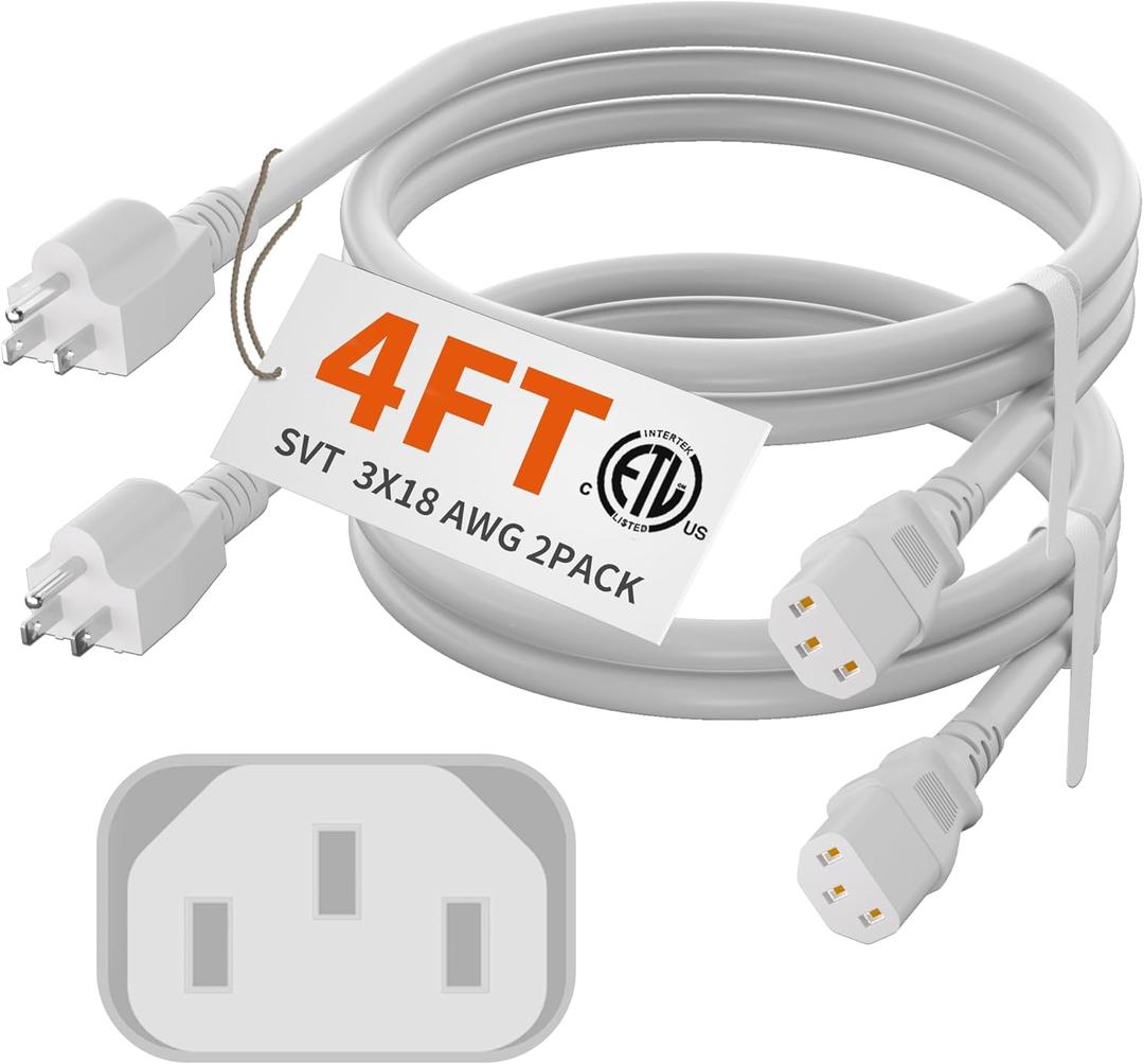 HUANCHAIN 2 Pack 4 FT Power Cord 3 Prong, 18/3 PC Power Cable for Comeputer, Monitor, TVs, Projectors, Desktops, Speakers, 10A 125V 1250W 18AWG, White ETL Listed