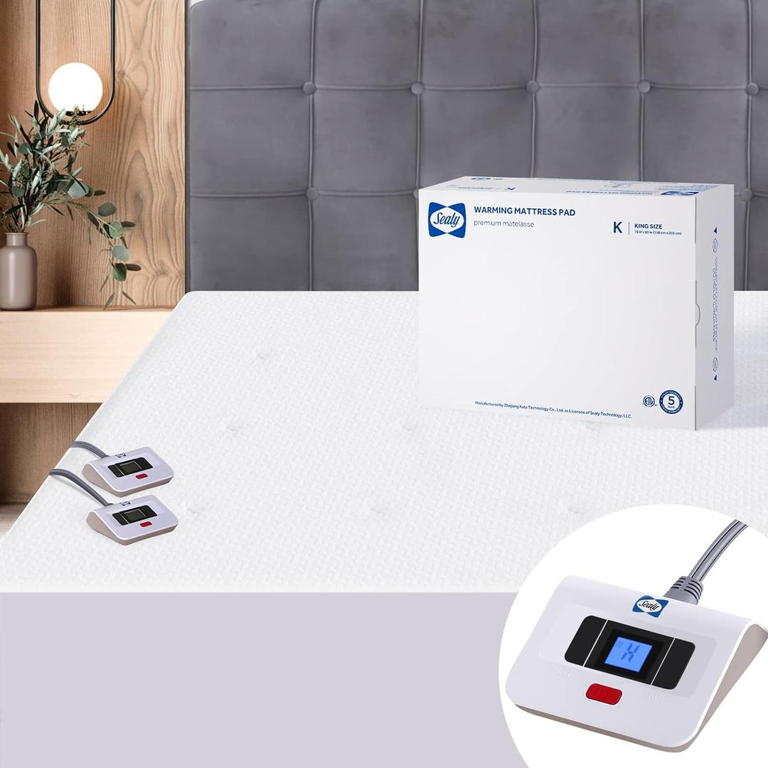 Sealy Heated Mattress Pad King Size, Zone Heating Electric Bed Warmer with Deep Pocket, 10 Heat Setting Dual Controller & 1-12 Hours Auto Shut Off, Knitted Breathable Heated Mattress Cover, White