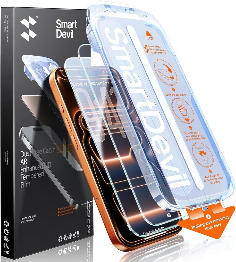 SMARTDEVIL 2 Pack Screen Protector for iPhone 17 Pro Max with AR Anti-Reflective Technology, 9H Hardness Military Grade Tempered Glass, Bubble Free and Auto Dust-Removal Box, Easy Installation