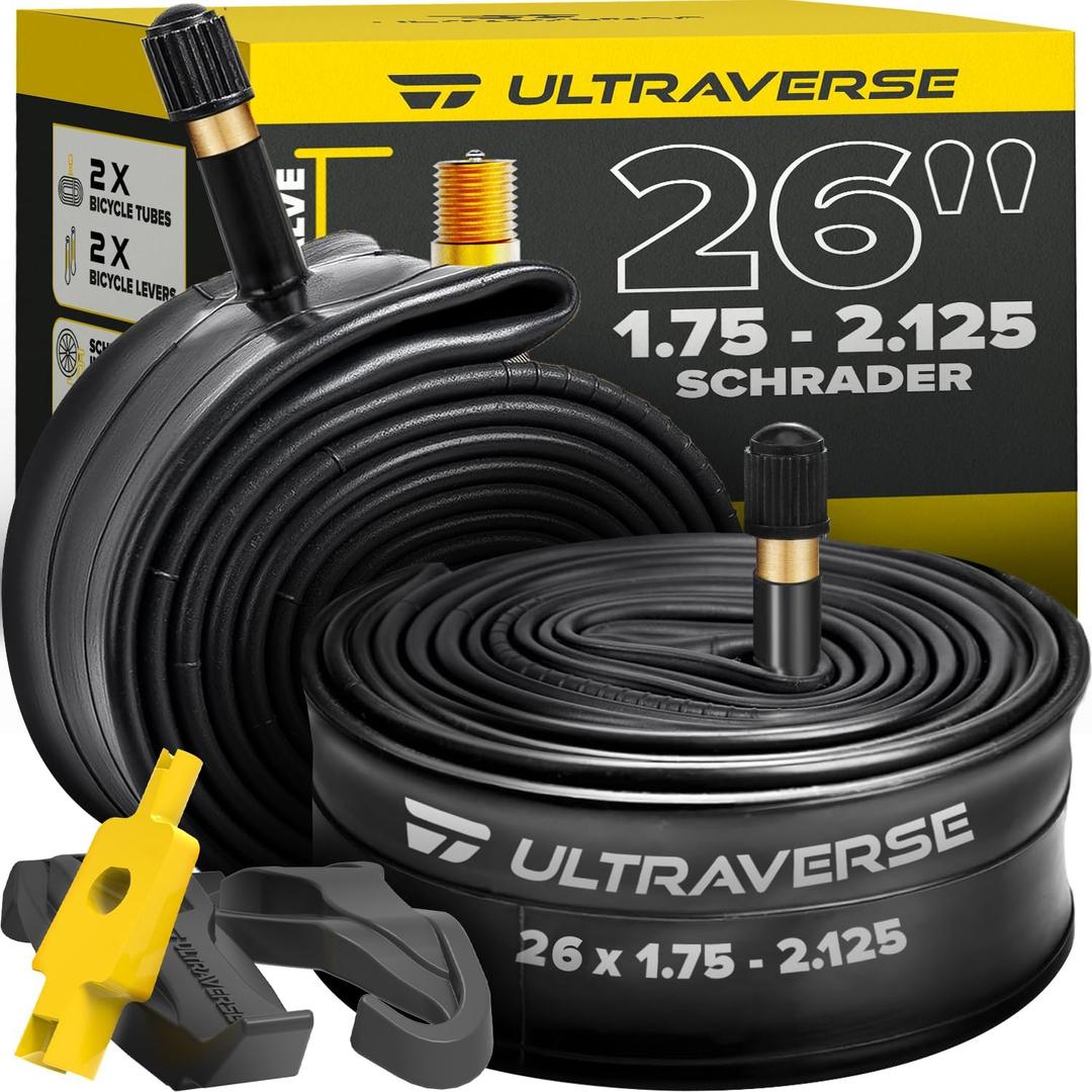 Ultraverse 26" Bike Inner Tubes 26 x 1.75, 1.95, 2.10, 2.125 Butyl Rubber Bicycle Tubes with Schrader Valve Compatible with Mountain, Cruiser, City & Kids Bikes Set of 2