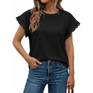Tankaneo Womens Summer Crewneck T-Shirts Lace Cap Sleeve Tops Dressy Casual Loose Fit Work Basic Tees Outfits 2026, M
