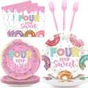 96 Pcs 4th Birthday Donut Party Decoration for 24 Guests Four Sweet Donut Paper Plates Napkins Four Years Old Themed Tableware Set Table Supplies 4th Birthday Pink Party Favor