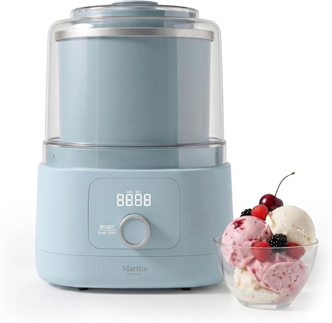 Martha Stewart Ice Cream Maker, 2 Quart Double-Insulated Freezer Bowl, Sorbet & Frozen Yogurt, Ready in 20 Minutes, Mix-Ins Chute, Easy to Clean, Sky Blue