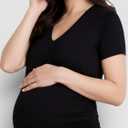 Motherhood Maternity Women's V-Neck Short Sleeve Side Ruched Bodycon Mini Pregnancy Dress (Black, L)